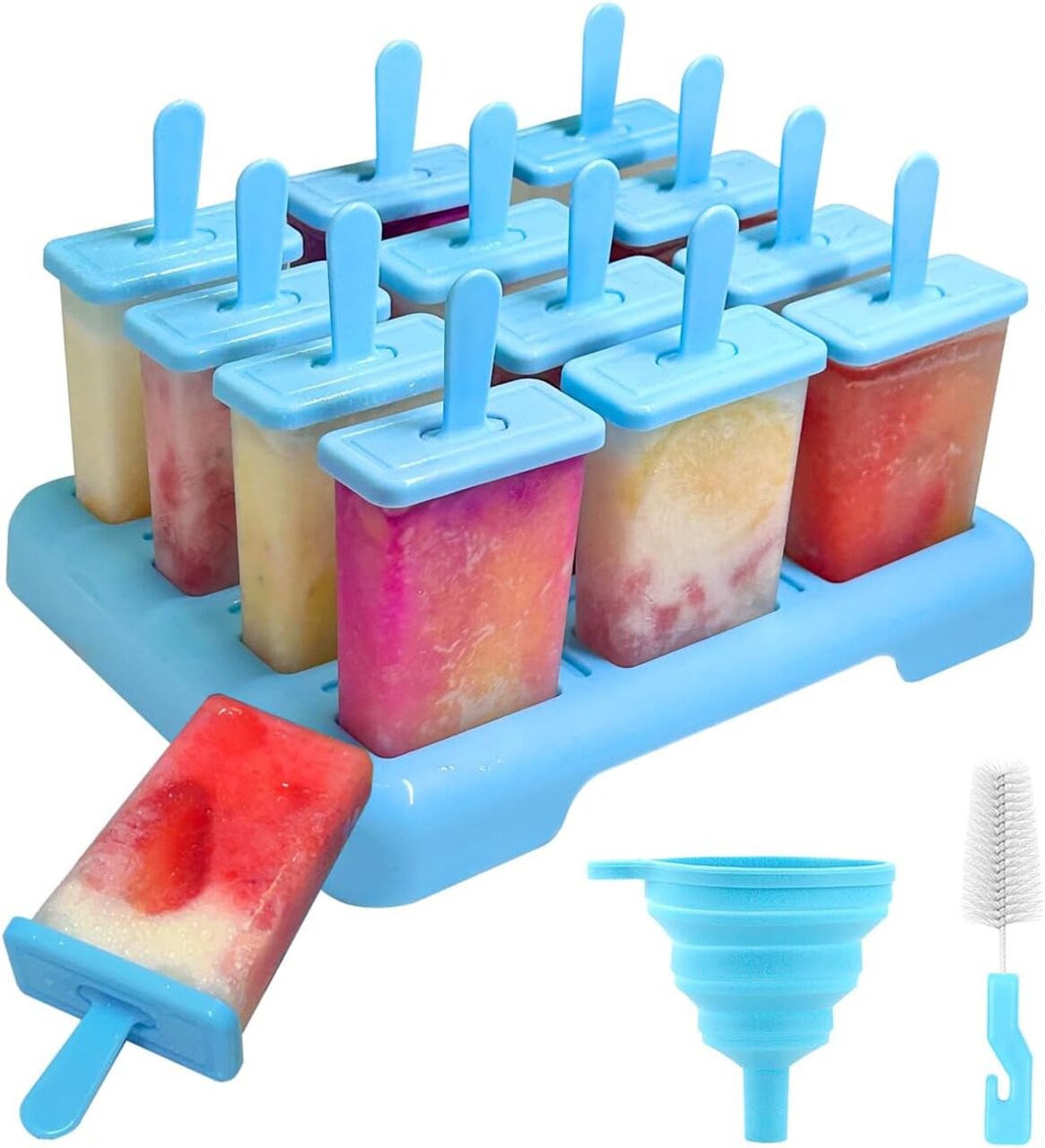 12-Cavity BPA-Free Popsicle Molds with Built-In Sticks – Easy-Release DIY Ice Pop Maker Set with Drip Tray, Cleaning Brush & Funnel (12 Cavities)